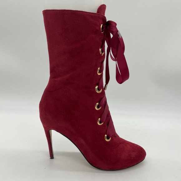 Shoes - Red Round Toe Lace Up Boot Zip Stiletto Heel Boot